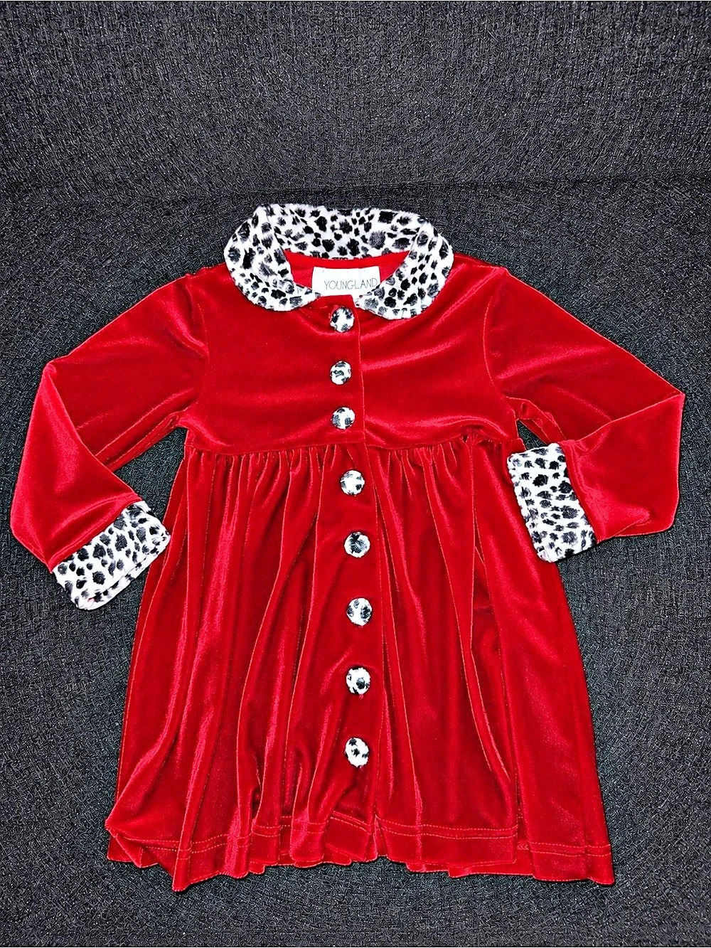 Youngland Red Velvet Holiday Dress with Dalmatian Print Collar & Cuffs, Size 2T